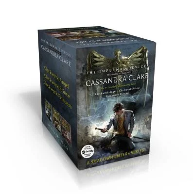 The Infernal Devices Series with a man in a suit holding a golden sword as he kneels on the ground.