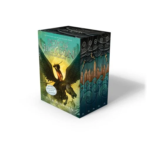 Percy Jackson Series with a boy in an orange shirt, holding a sword on top of a black pegasus.
