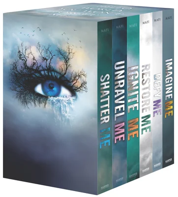 Shatter Me Series in order with a giant blue eye on the cover. There are trees and ice crawling from out of the eye.