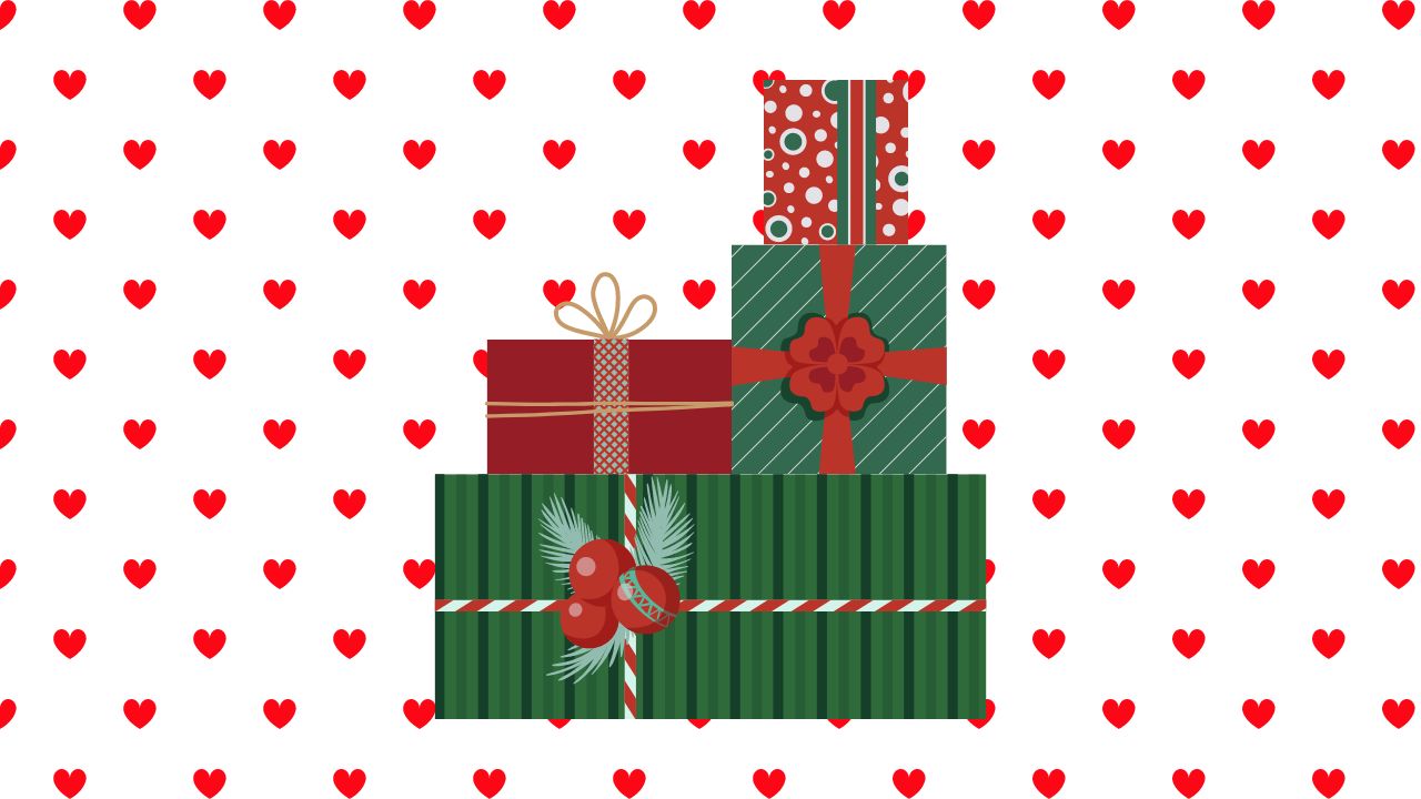 christmas present stack on top of a white and red heart wallpaper background