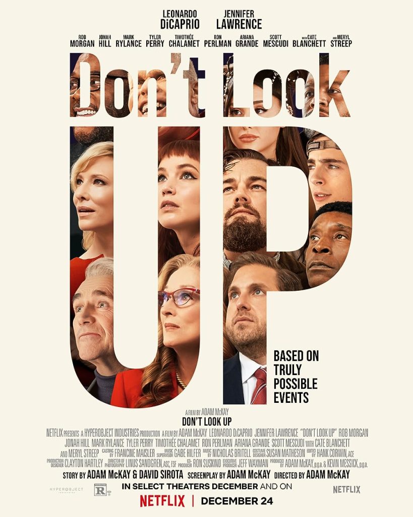 Don't Look Up poster, characters looking up at the sky in shock and awe.