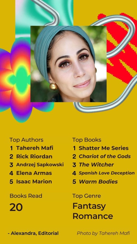 Alexandra's Bookify Wrapped profile with an image of Tehereh Mafi