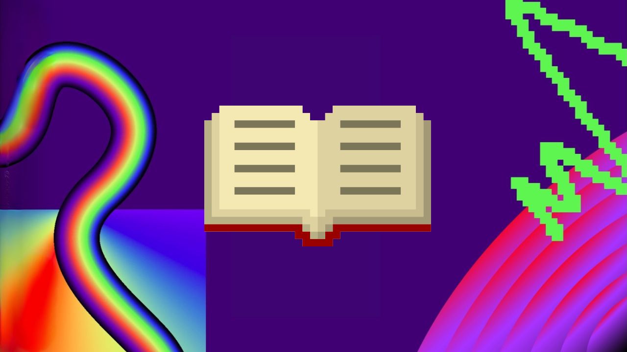 eight bit graphics on a purple background and a digital book drawing