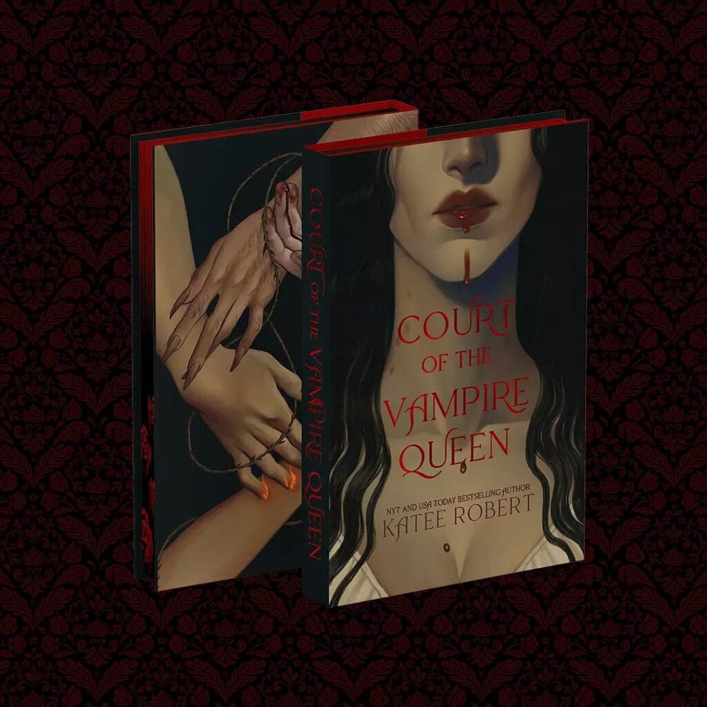 Front and back covers of 'Court of the Vampire Queen' by Katee Robert showing a woman's lower face and neck on the front and hands on the back
