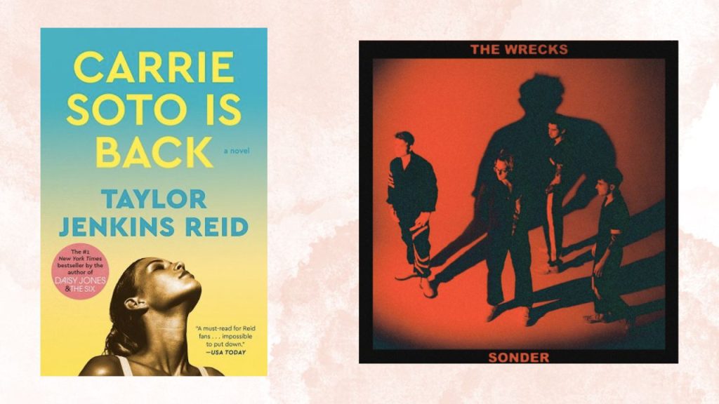 Covers of Carrie Soto is Back by Taylor Jenkins Reid, showing a woman looking up in the sky, and the second cover of The Wrecks album Sonder, showing a group of people staring away into a red light. 