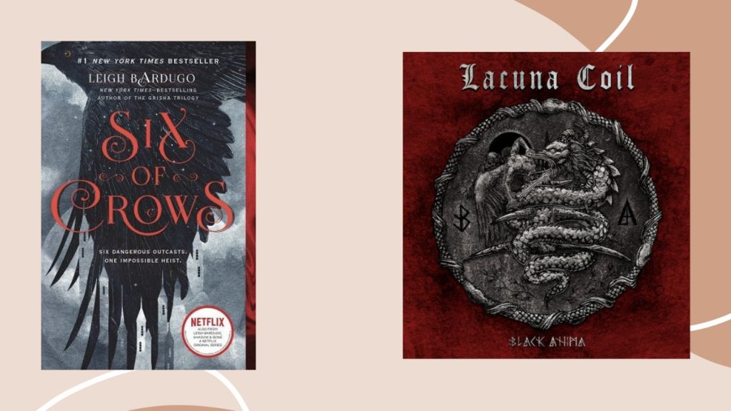Two front covers, the first being Six of Crows by Leigh Bardugo, showing a Crow and its feathers meshing into a town, and the second cover being Black Anima by Lacuna Coil, showing a medieval looking coin with a dragon on the front. 