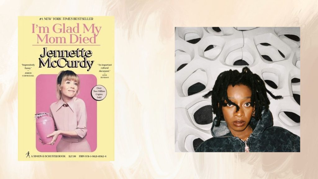 Front cover of Jennette McCurdy's I'm Glad my Mom Died, showing a woman holding a pink columbarium and smiling at the camera. Second cover showing Lil Simz's NO THANK YOU album, showing a woman with speaker holes behind her, as she looks in the camera with a serious face. 
