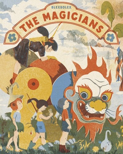 The Magicians by Blexbolex book cover
colorful dragon/lion like creature with children standing with it and a girl with a bow and arrow on top of it
