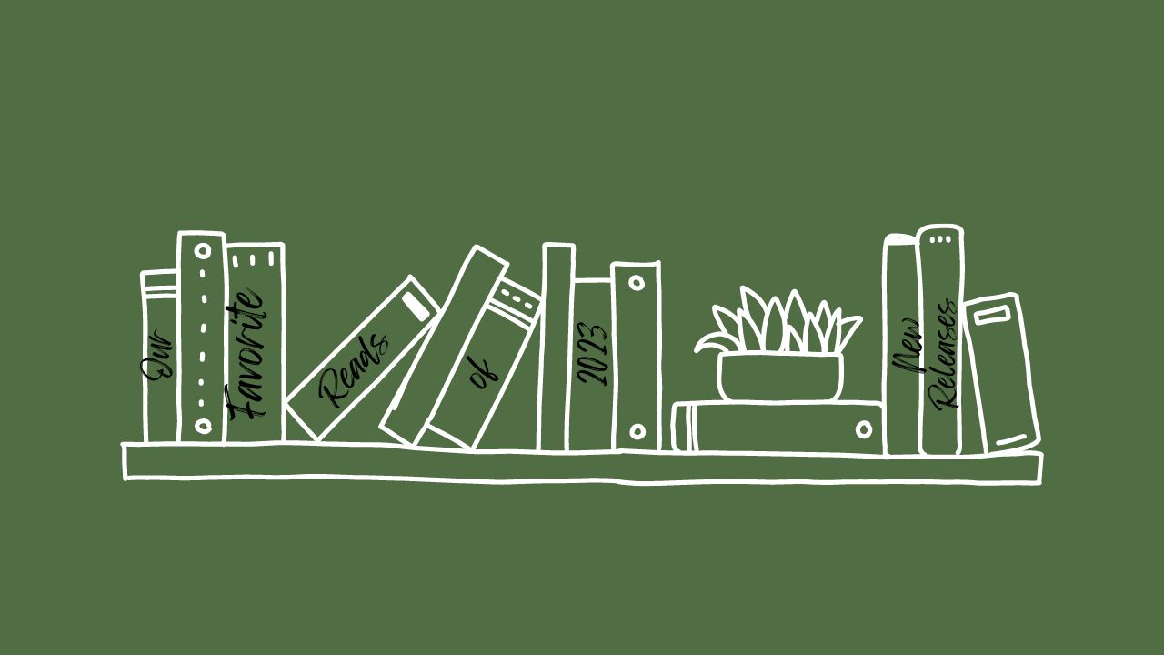green background with a white drawn bookshelf and books