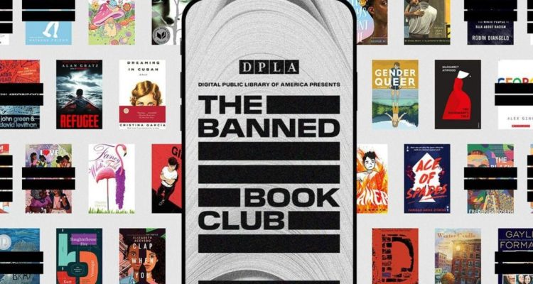 Phone screen with The Banned Book Club app pulled up in front of a collage of various banned books.