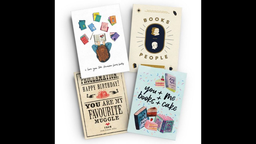 Four different greeting cards, each with a different bookish design. The first card says "I love you like Hermione loves books." The second card says "Books over people." The third card says "Proclamation: Happy Birthday! You are my favorite muggle." The forth card says "You + me + books + cake." 