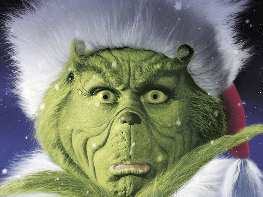 A closeup of Jim Carrey as the Grinch from the live-action 'How the Grinch Stole Christmas.'