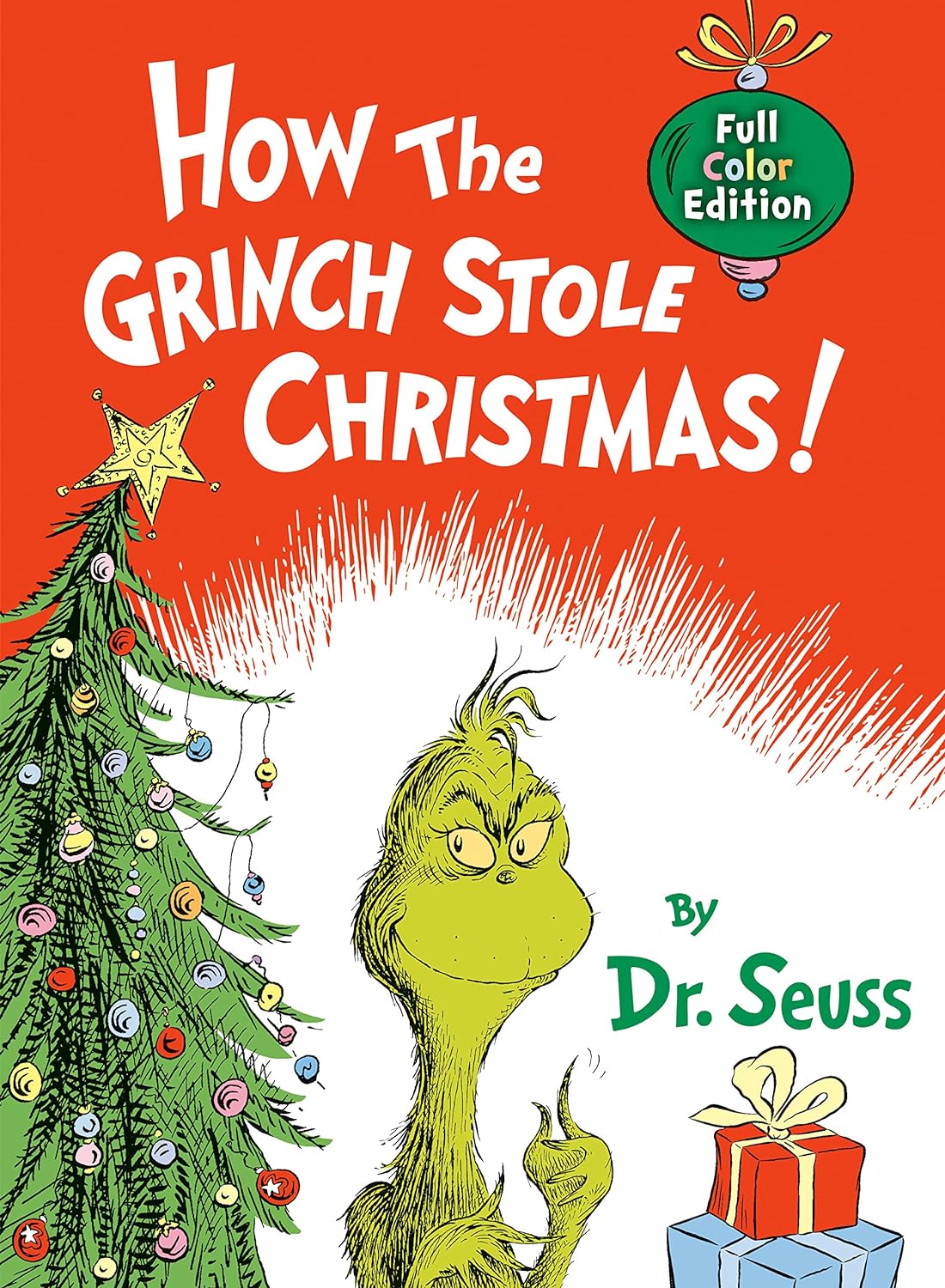 'How the Grinch Stole Christmas!' by Dr. Suess book cover with the Grinch, some presents, and a Christmas tree.