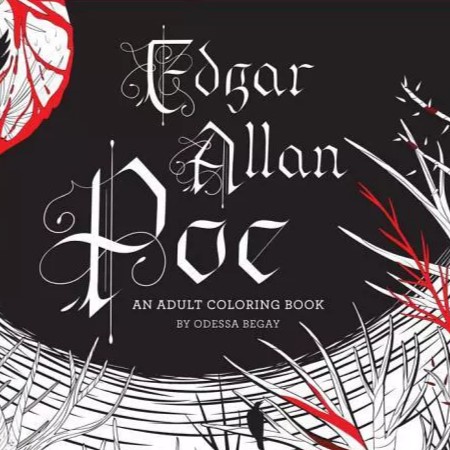 Black and red Edgar Allan Poe coloring book with gothic typeface in white.