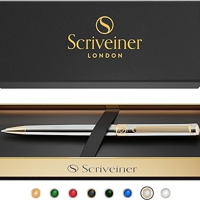 Shiny silver and gold pen in a Scriveiner case.