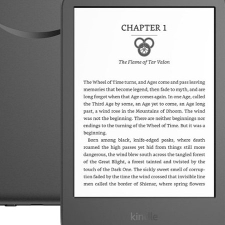 Sample image of Kindle e-reader tablet in gray with chapter 1 on the display.