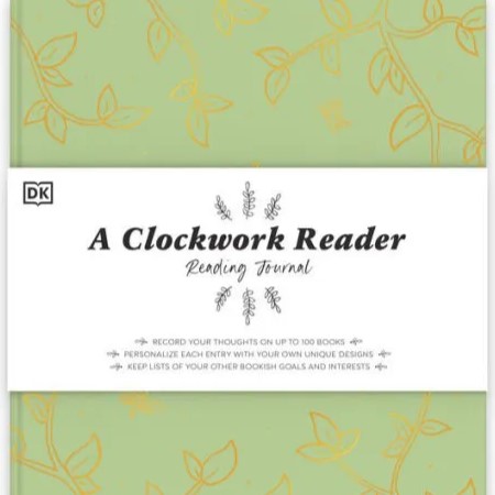 A Clockwork Reader by Hannah Azerang book cover. Green journal cover with gold leaf design.