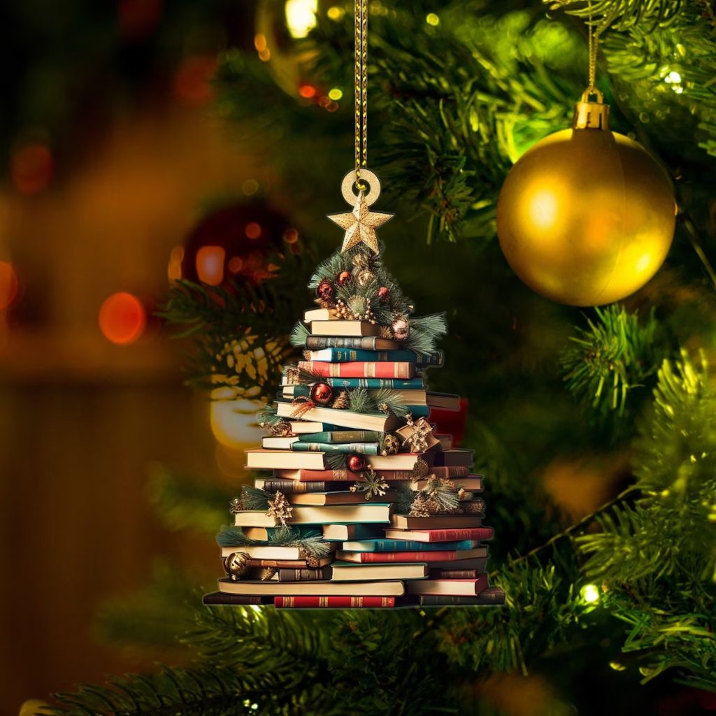 Christmas Book Tree Ornament hanging on a tree