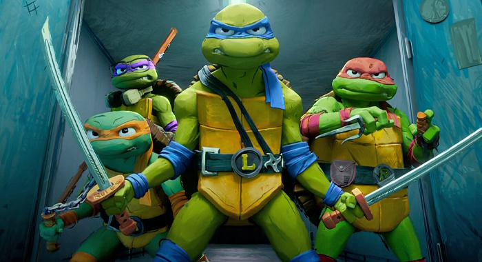 The Teenage Mutant Ninja Turtles Donatello, Michelangelo, Leonardo, and Raphael with weapons out