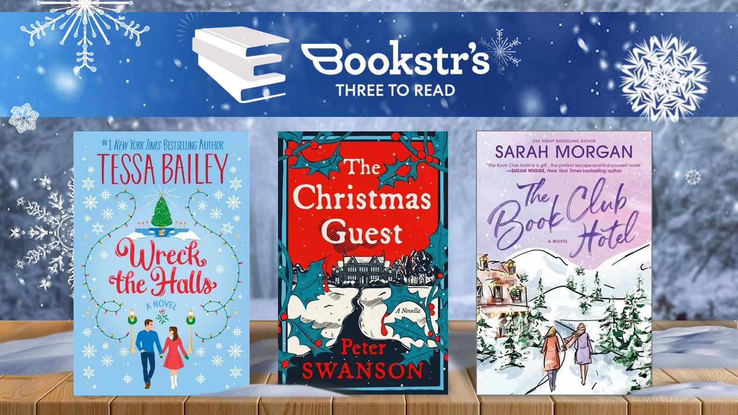 three christmas themed books on a wintery background for three to read series