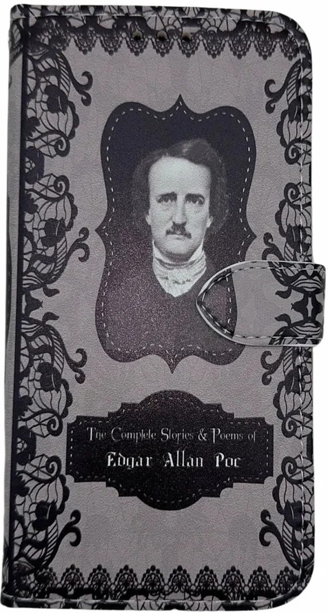 A gray phone case with black lace accents. The middle has an image of Edgar Allan Poe and the bottom reads The Complete Stories & Poems of Edgar Allan Poe. 