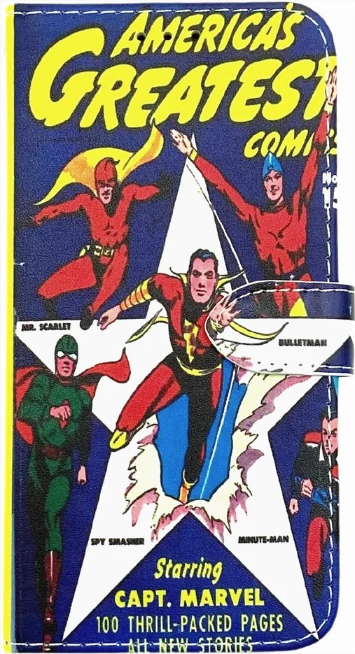 Handcrafted phone case of America's Greatest Comics issue no.2 which reads Americas Greatest Comics in yellow font at the top with a white star in the center. Bursting from the star is Captain Marvel, around the star in clockwise order is Mr. Scarlet, Bulletman, Minute-Man and Spy Smasher.