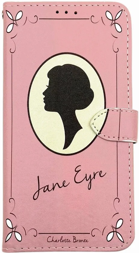A pink phone case with small white accents on the corners. The center has a side image silhouette of a woman looking to the left. At the bottom reads the title, Jane Eyre, and further down reads the author Charlotte Bronte.