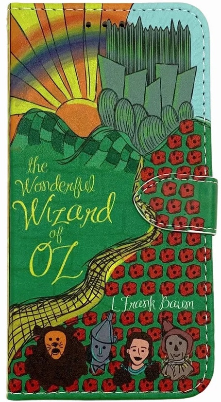 Handcrafted phone case of The Wonderful Wizard of Oz. The middle of the case has the yellow brick road leading to Emerald City with the four main characters, Lion, Tin Man, Dorothy, and Scarecrow.