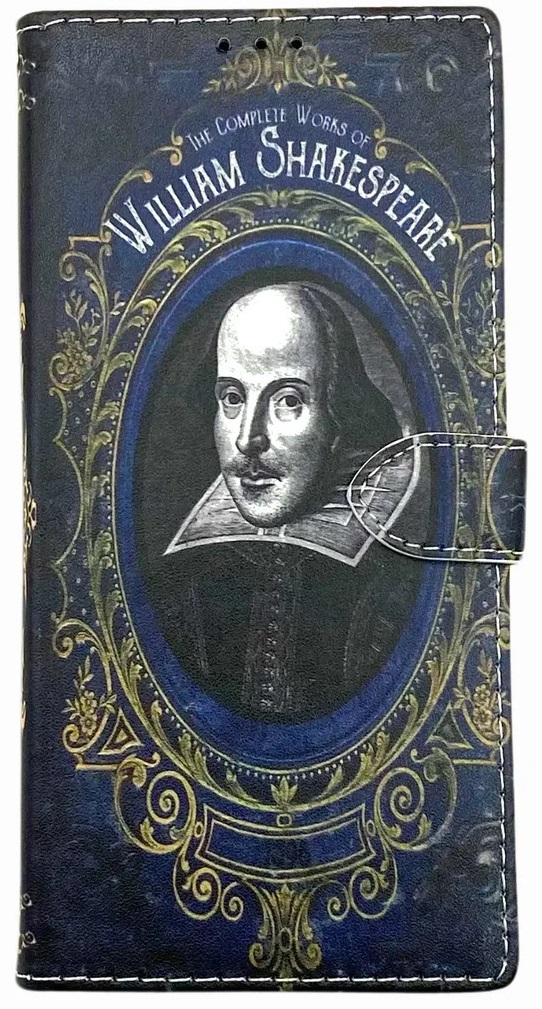 Handcrafted phone case of a portrait of William Shakespeare with a title reading The Complete Works of William Shakespeare. The case is blue with gold accents around the portrait.