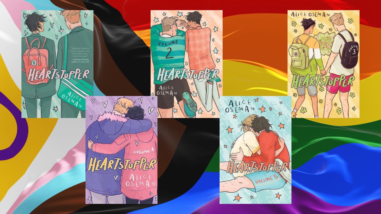 5 heartstopper book covers on a pride background