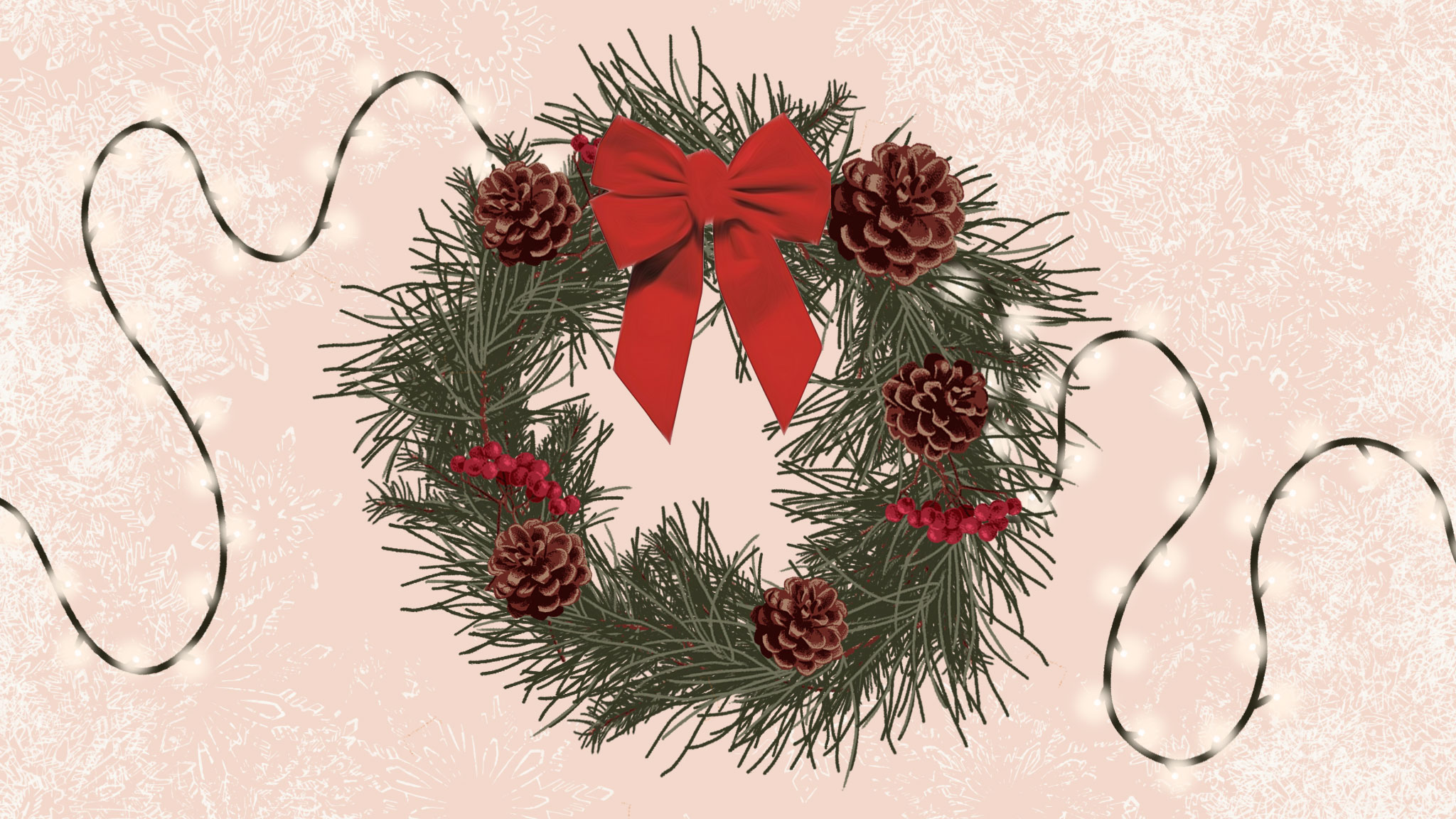 a christmas wreathe and string of lights on a pale pink background