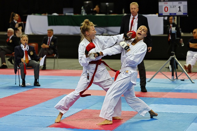 Two women in karate uniforms and belts fighting, with one woman punching the other in the face.