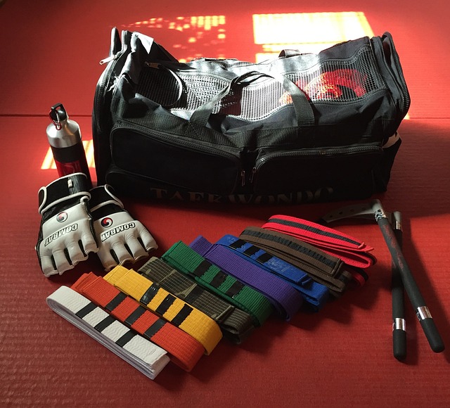 Martial arts gear: duffle bag, gloves, water bottle, and different colored belts.