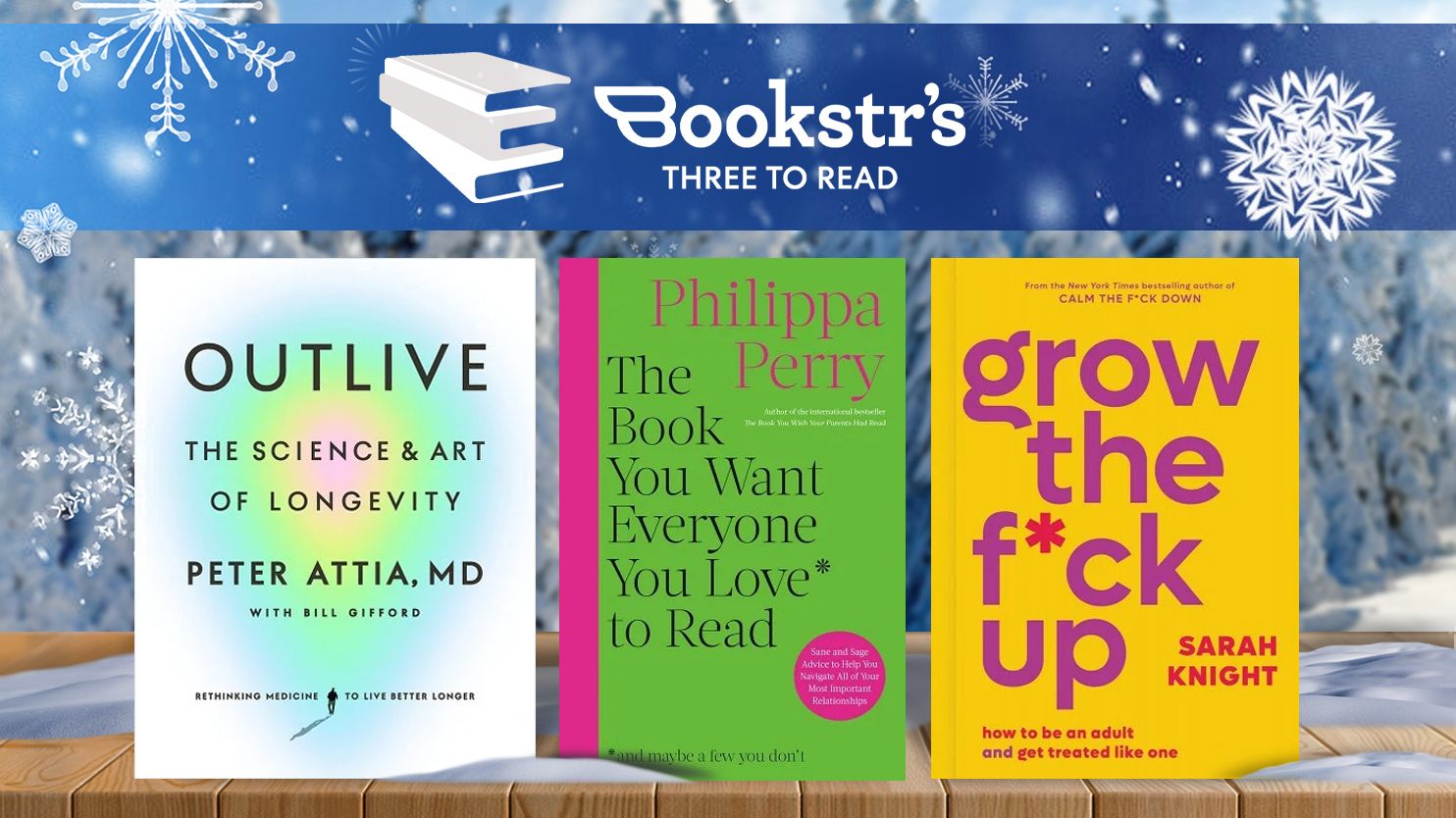 3 self-improvement books on a winter background for three to read recommendations.