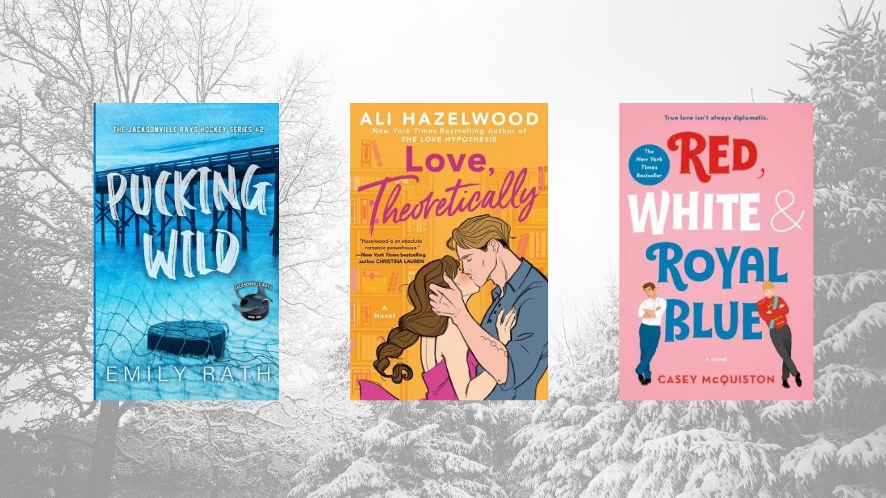 three romance book covers on a background of snowy forest