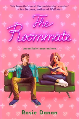 "The Roommate" written in neon pink cursive set against a pink background with white hearts and a green couch in the center. A man sits on the right and looks at the woman on the left side as she reads a book.