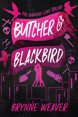"Butcher & Blackbird" in white text set against a pink banner that is held by two birds. Pink and purple symbols of bones, skulls, chainsaws, and knives are set against a black background. Two pink people are positioned in front on top of pink buildings.