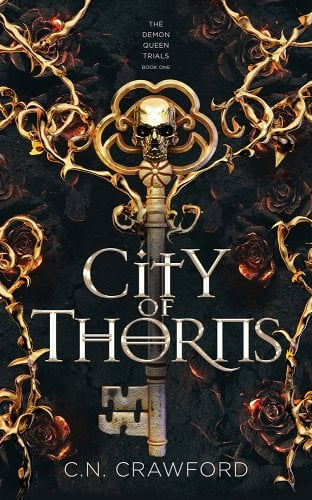 A golden skeleton key against a black background with red and gold roses with "City of Thorns" written across the center in gold text.
