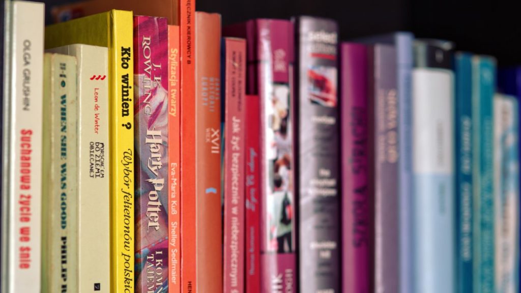 A close-up of a row of books on a bookshelf.