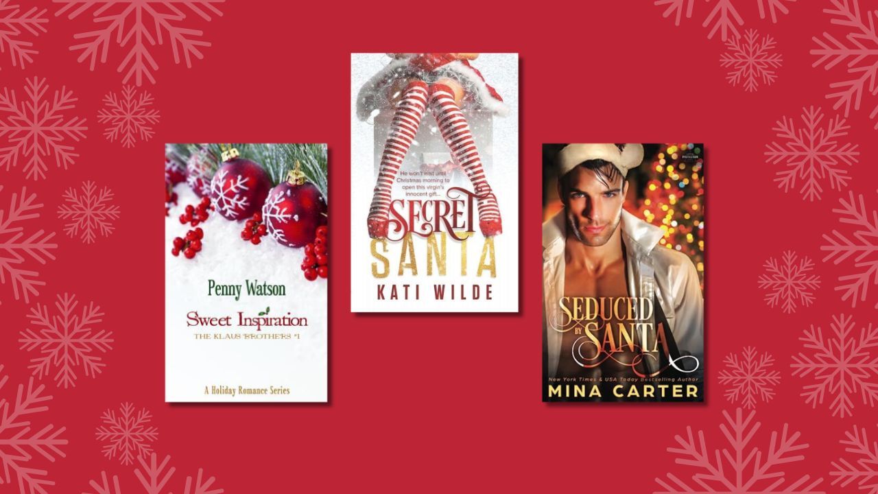 three santa book covers on a red background with grey snow flakes