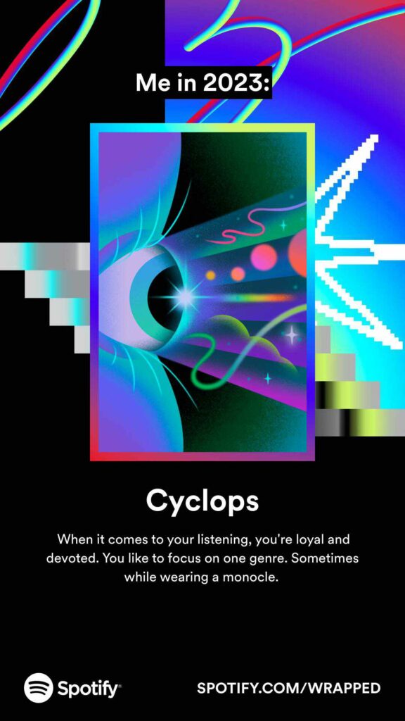 Tarot card with a cyclops on it casting colorful light through it's eye on a mostly black background covered in colorful stripes