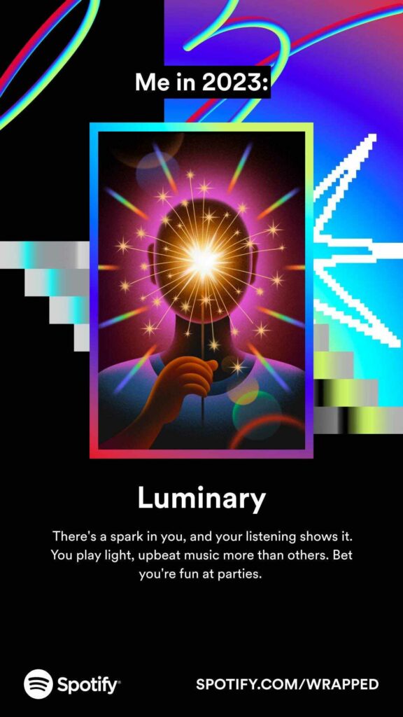 A tarot card showing a silhouette with a bright spark in the center of its face  casting light across the card on a mostly black background with colorful stripes