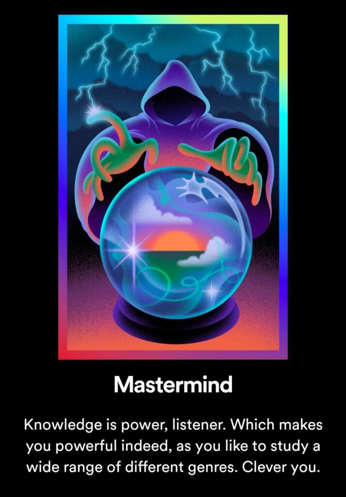 A tarot card showing a cloaked person extending their hands over a orb showing a sunset. Lightning flahes in the background on a solid black background