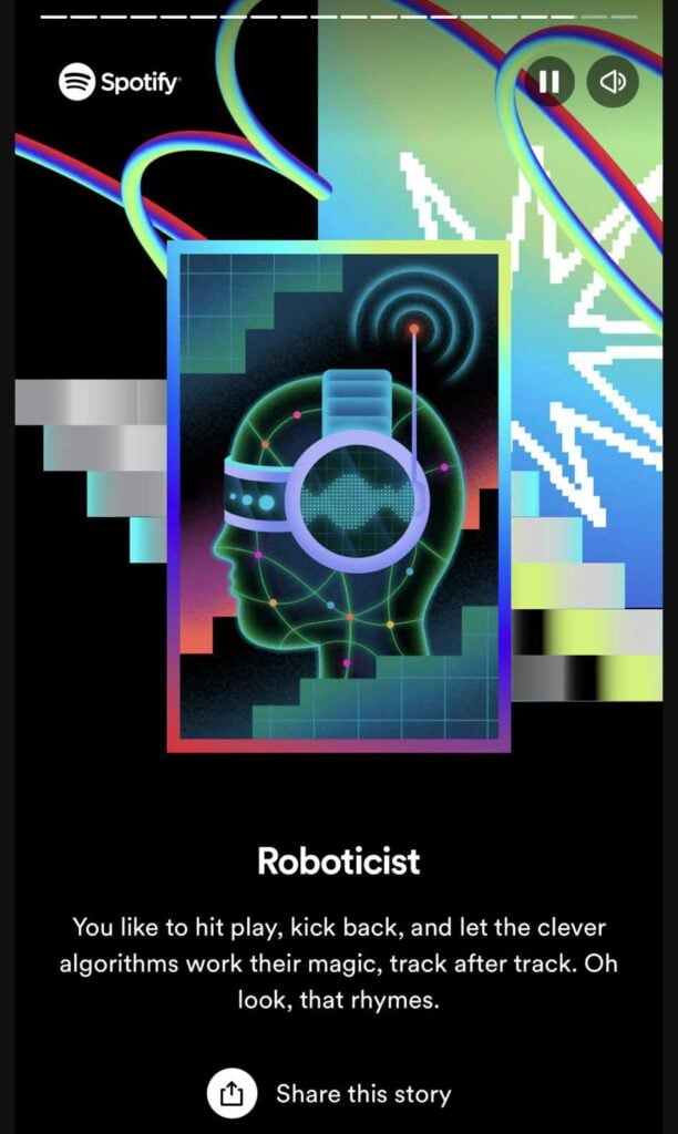 A tarot card showing a profile silhouette wearing headphones and a screen across the eyes on a mostly black background with colorful stripes