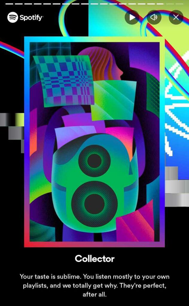 A tarot card showing a womans backpack with a speaker on it as colorful papers fall out of it placed on a mostly black background with colorful stripes