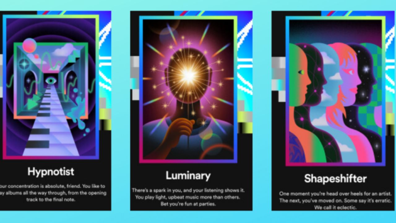 tarot card showing eye above a piano next to a card with a silhouette containing a a bright spark next to a card with colorful silhouettes facing profile