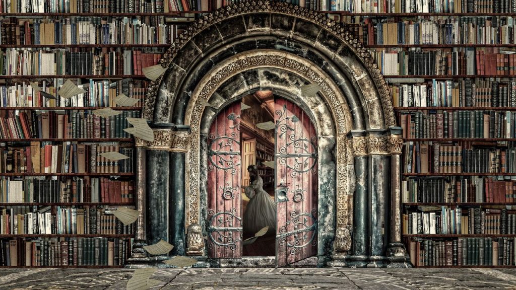 A huge wall of old books with papers flying, a huge door and a girl in a white ballgown reading