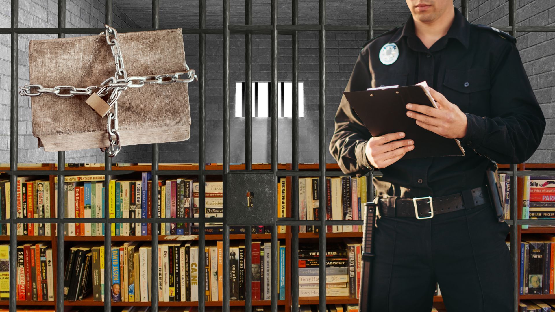 Featured Image with a bookshelf behind bars and a cop writing a ticket.
