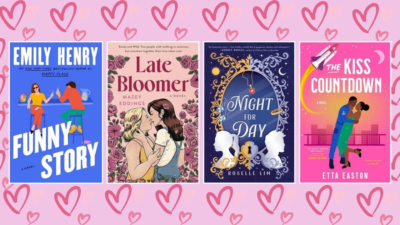 Collage of 2024 romance book releases. Book jackets for Funny Story by Emily Henry, Late Bloomer by Mazey Eddings, Night for a Day by Roselle Lim, and The Kiss Countdown by Etta Easton surrounded by hearts.