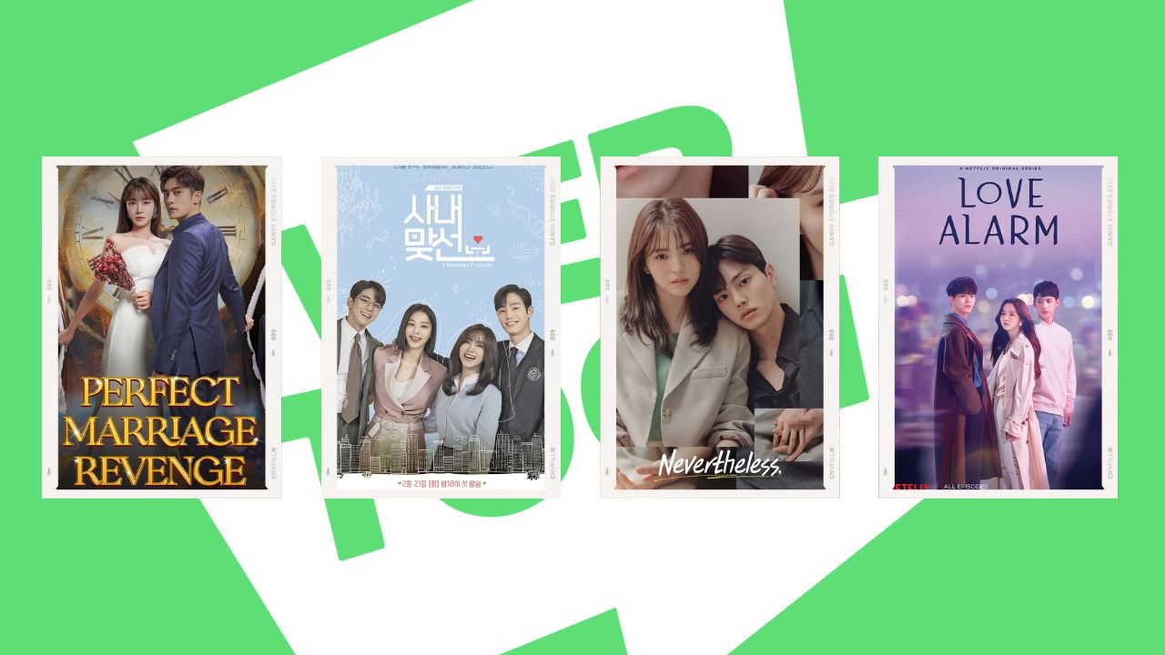 A green background with the webtoon logo and four k-drama posters in front.